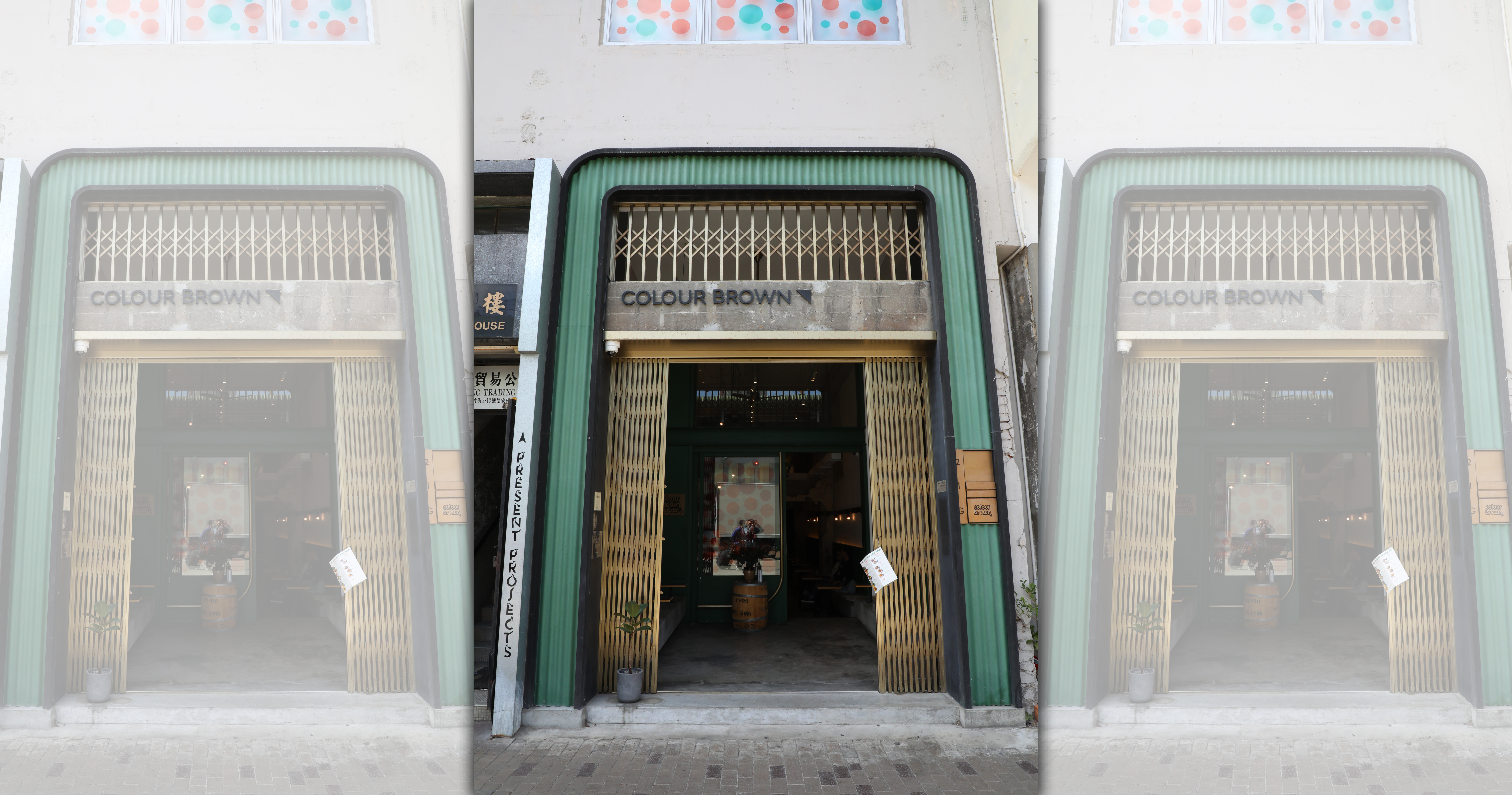 「Colour Brown x GO.ON Space」門口的手拉鐵閘門，是打卡勝地。