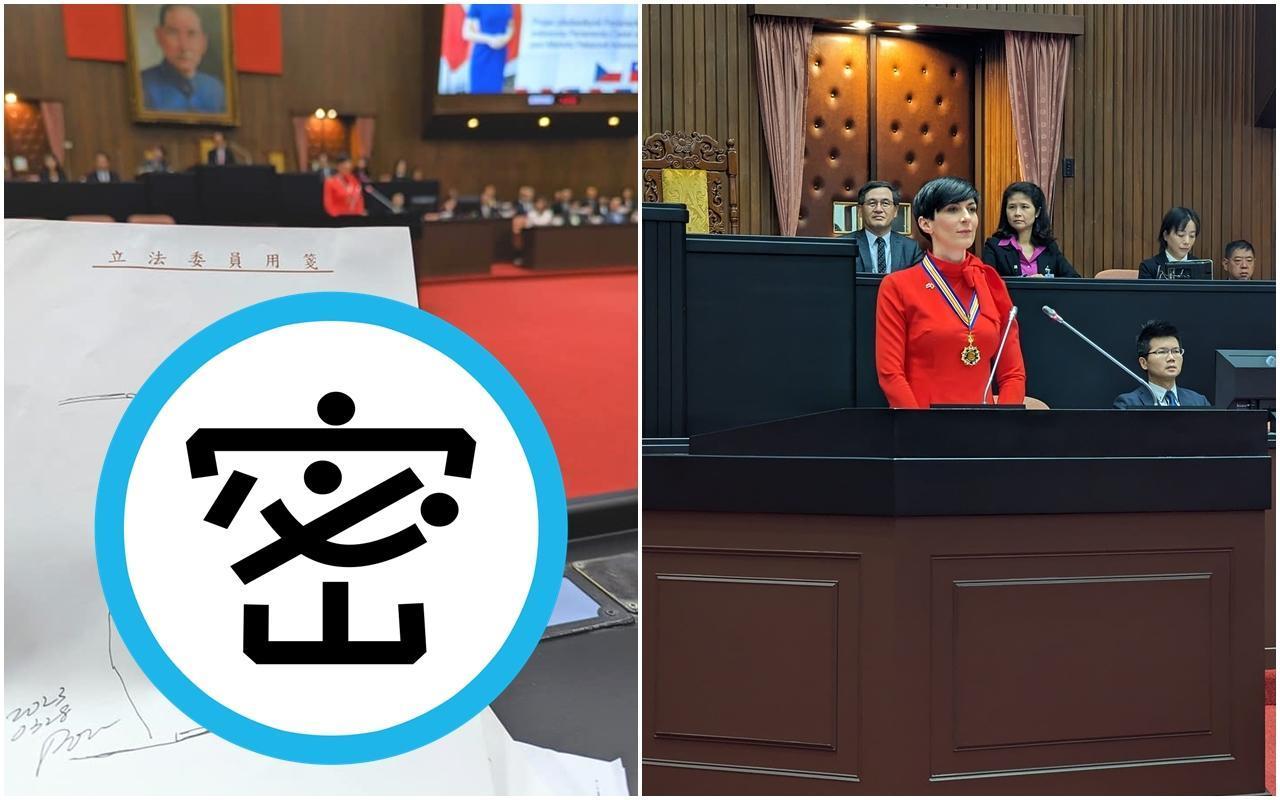 捷克眾議院議長艾達莫娃參訪立法院並發表演,鄭運鵬在台下以她畫出「課本塗鴉」作品。(翻攝自鄭運鵬臉書)