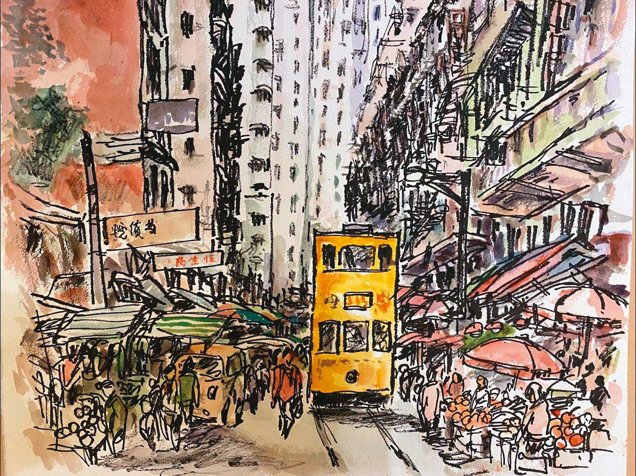 陶傑的寫生作品。離港前夕他在臉書貼上這張北角街市的寫生，並寫下：「許多年來在香港寫生無數，要以這幾張心情最複雜。」（翻攝陶傑臉書）