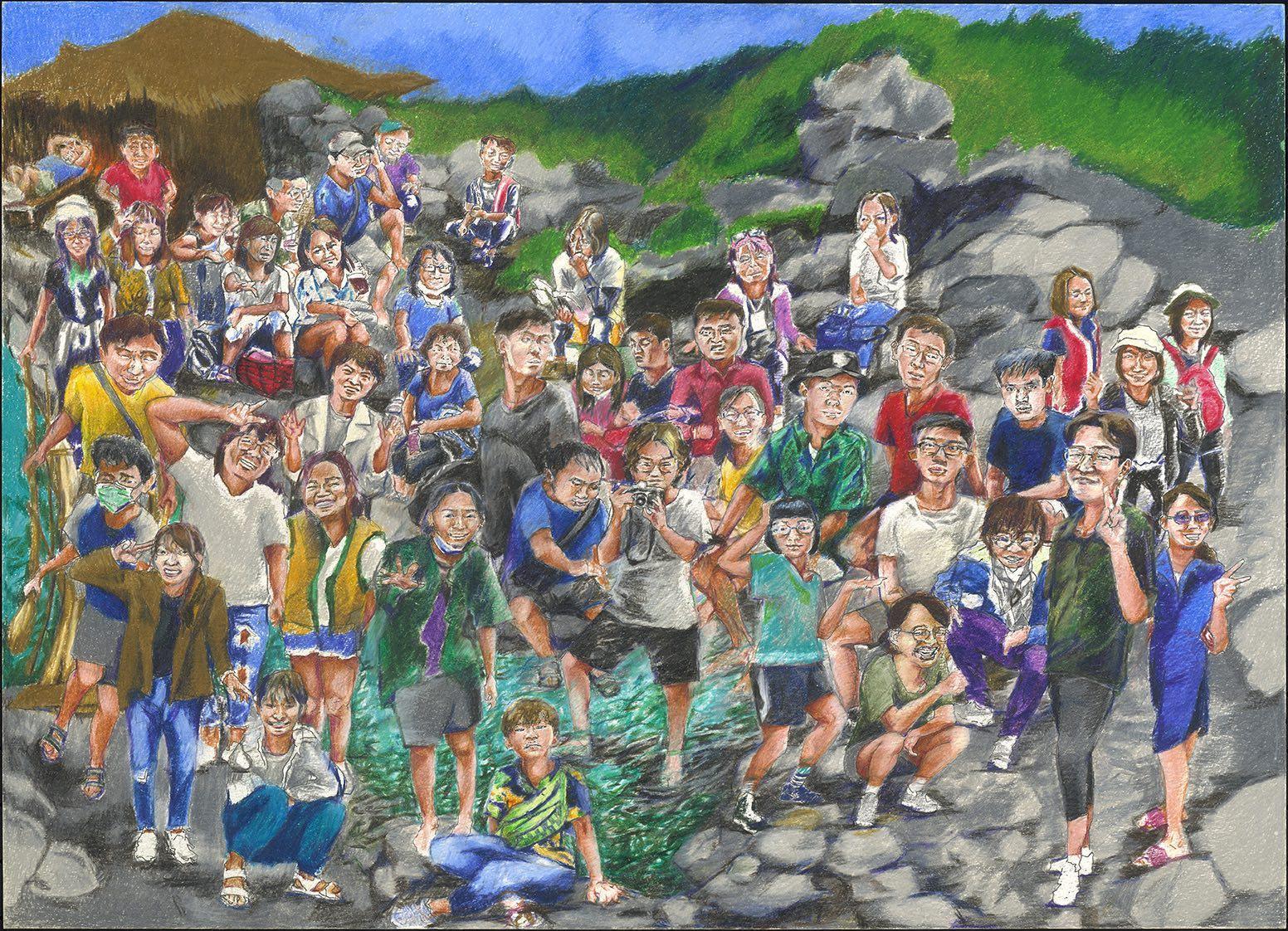 阿里山寫生旅行大合照由學員吳柏均創作。(貝殼放大提供)