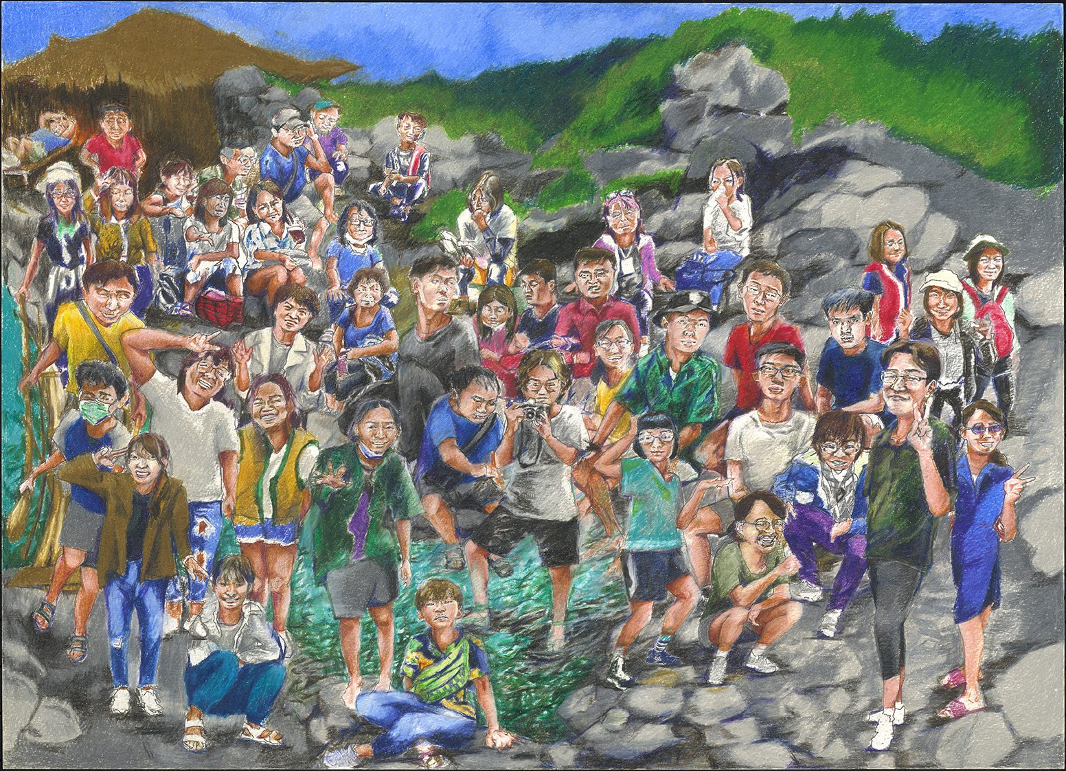 阿里山寫生旅行大合照由學員吳柏均創作。（貝殼放大提供）