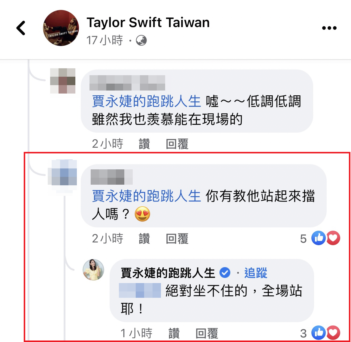 網友問賈永婕有教安安站起來擋人嗎？賈永婕表示：「絕對坐不住的，全場站耶！」（翻攝Taylor Swift Taiwan臉書）