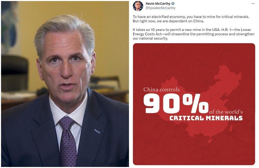 麥卡錫在推特貼出中國地圖（右），竟包括台灣。（翻攝@SpeakerMcCarthy推特）