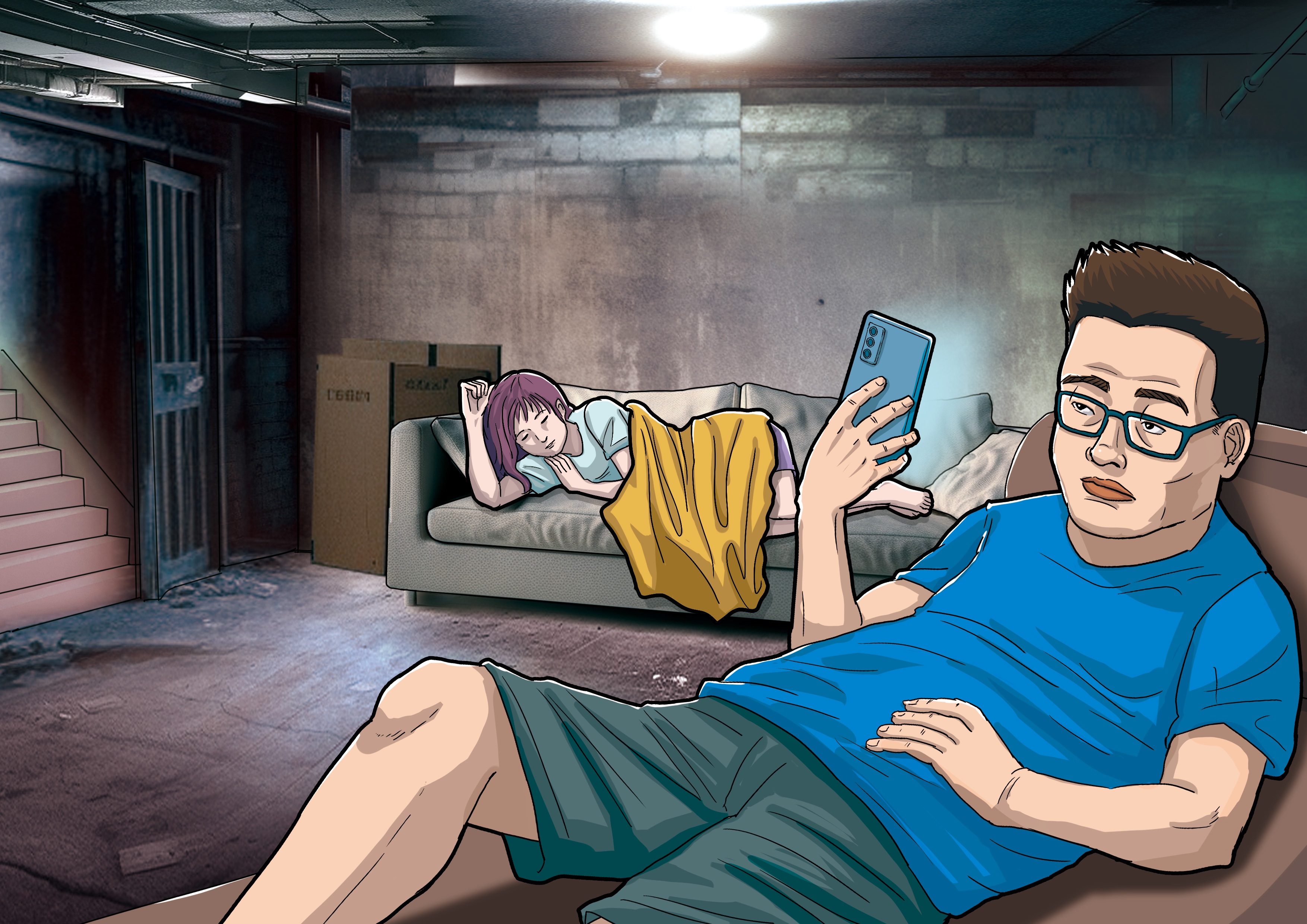 藝人張魁的長子張覺引，遭爆曾帶老婆寄生任職的酒吧地下室長達1年。（示意畫面。AI繪圖Midjourney生成，本刊美術組後製）