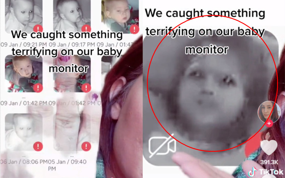 美國一名母親在抖TikTok分享自己家中嬰兒監視器拍到的靈異嬰兒臉孔（右圖紅框），嚇壞一堆網友。（翻攝抖音@ashleymeredith1529）