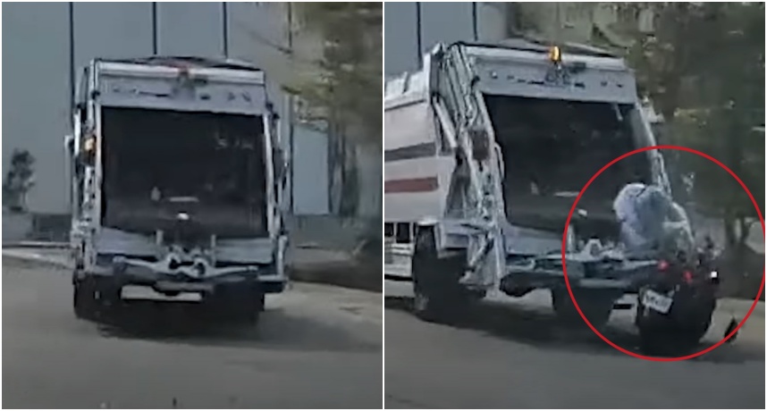 男大生撞上垃圾車，整個人「倒栽蔥」飛進車斗被載走。（翻攝WoWtchout  YT頻道）