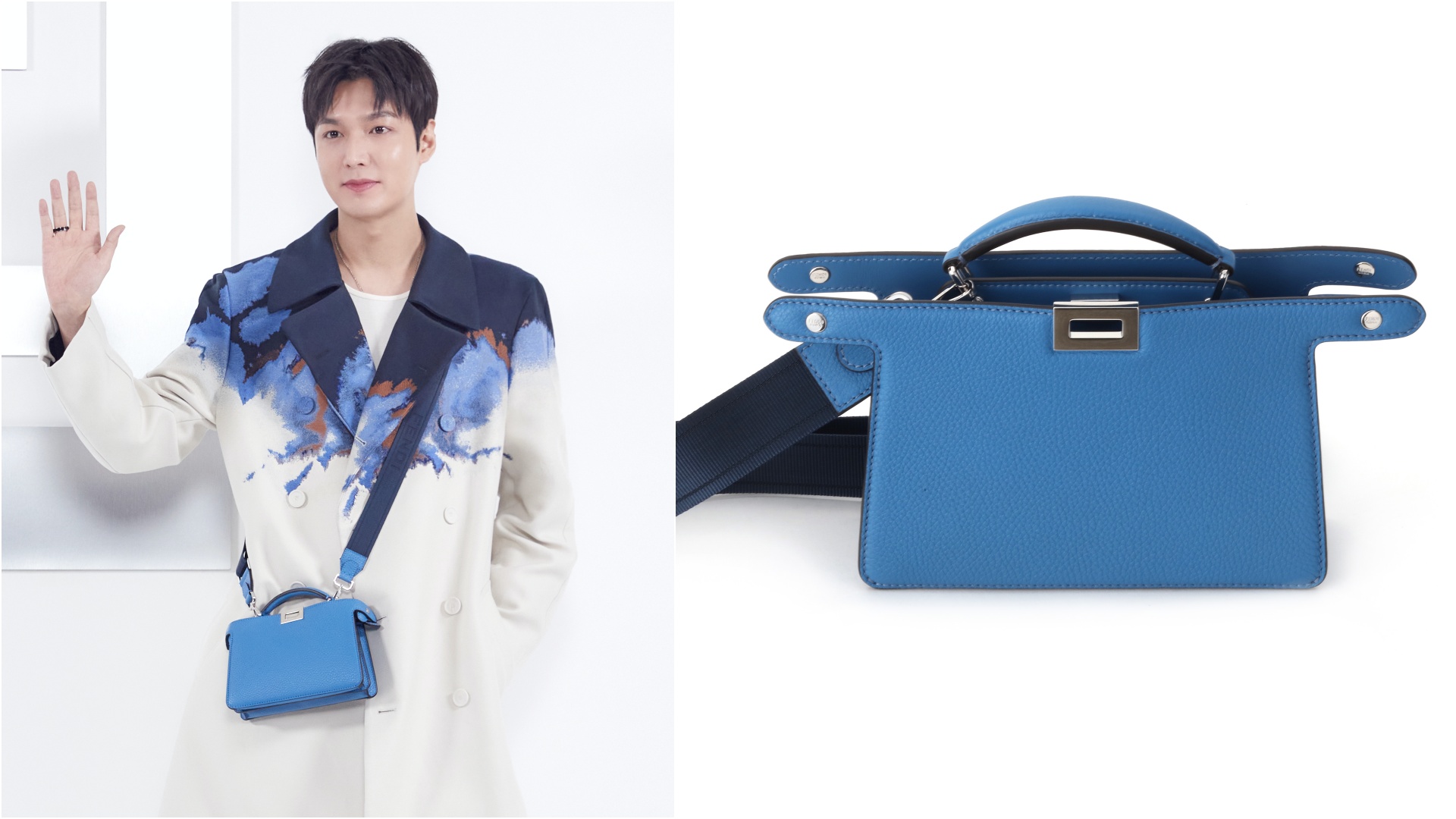 李敏鎬身上背著藍色Peekaboo ISeeU XCross。NT$112,000（FENDI提供）