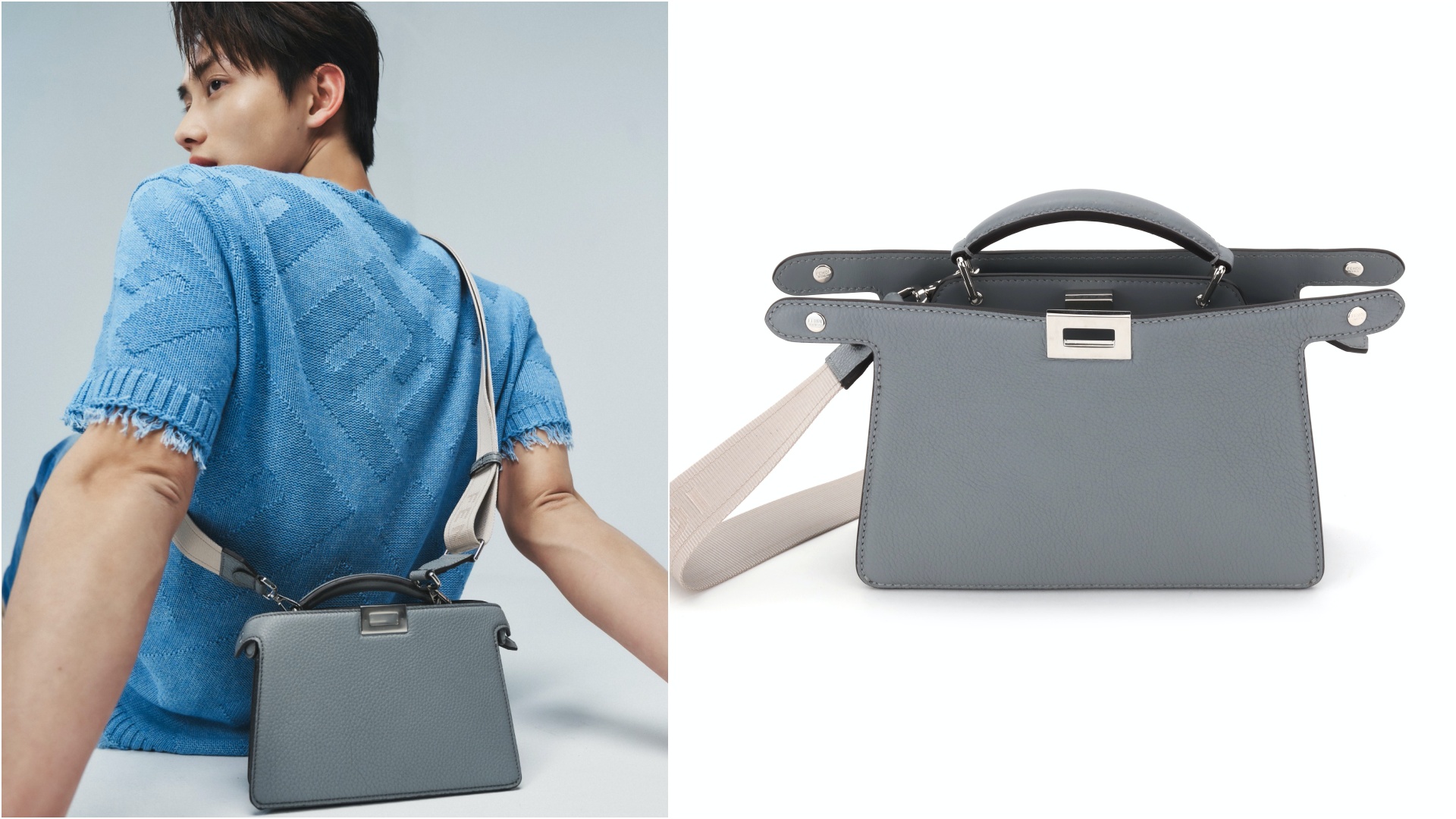 范少勳以藍色上衣搭配瀝青灰色Peekaboo ISeeU XCross。NT$112,000（FENDI提供）