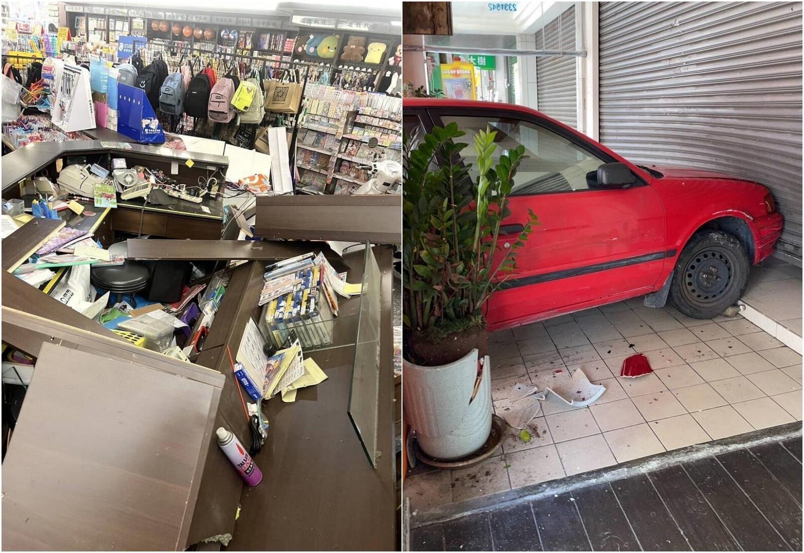 婦人先高速「倒退嚕」撞進未營業的文具店（左），撞爛櫃台，又突然往前高速撞毀飲料店的鐵門（右）。（讀者提供）