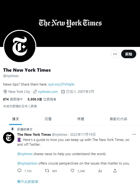 在宣布不會付費訂閱勾勾後，《紐約時報》官方帳號的勾勾已被移除。（翻攝自@nytimes Twitter）