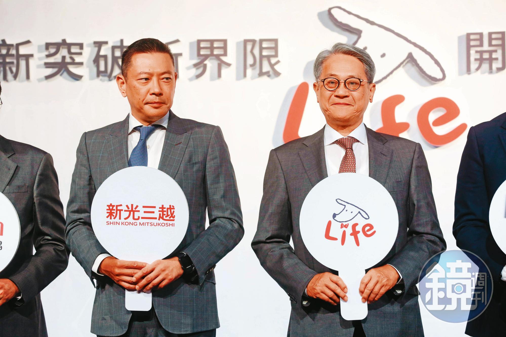 新光三越董事會改選,台新金董座吳東亮(右)力挺堂姪、新光三越總經理吳昕陽(左)。