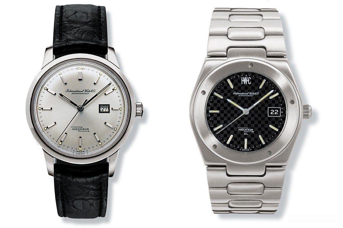 IWC於1955年發表的第一代工程師防磁錶款 Ingenieur Ref.666（左），以及由Gérald Genta於1976年設計的Ingenieur SL Ref.1832（右）。