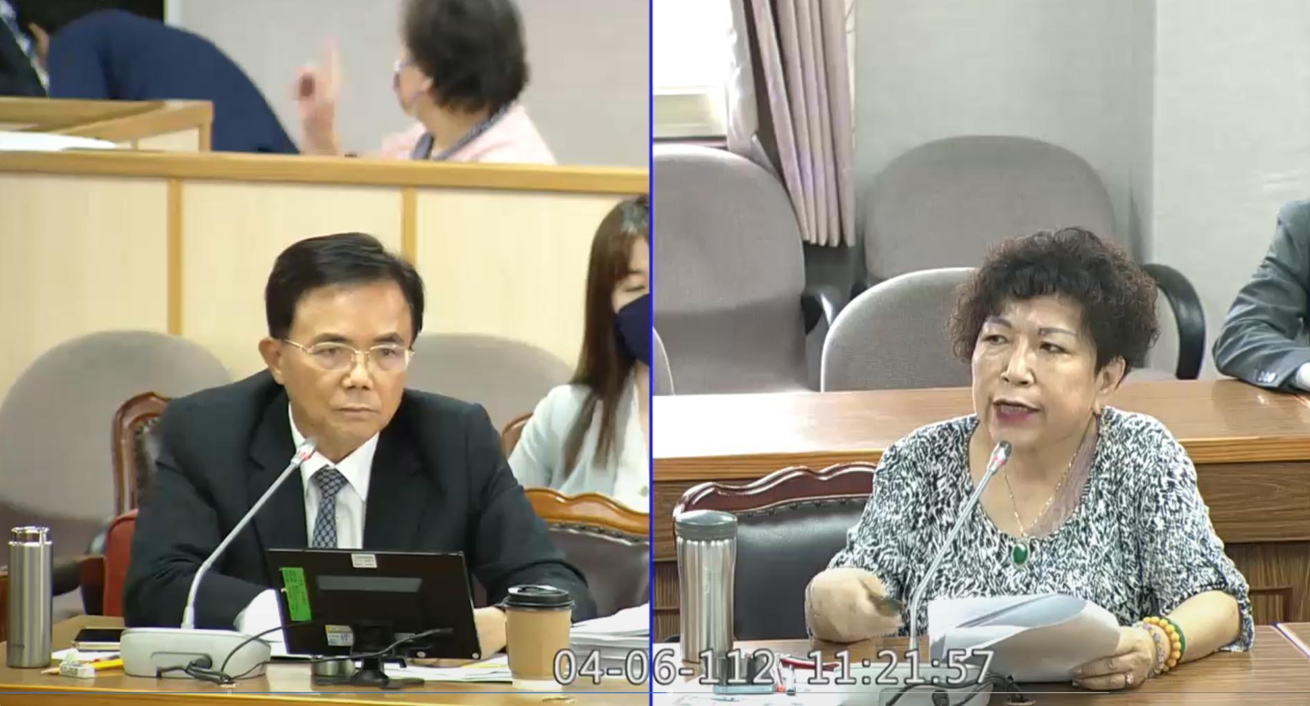 立委游毓蘭（右）今向法務部次長蔡碧仲（左）提問，質疑顏寬恒交保金「有這麼大的差別？」（翻攝自立法院議事轉播）