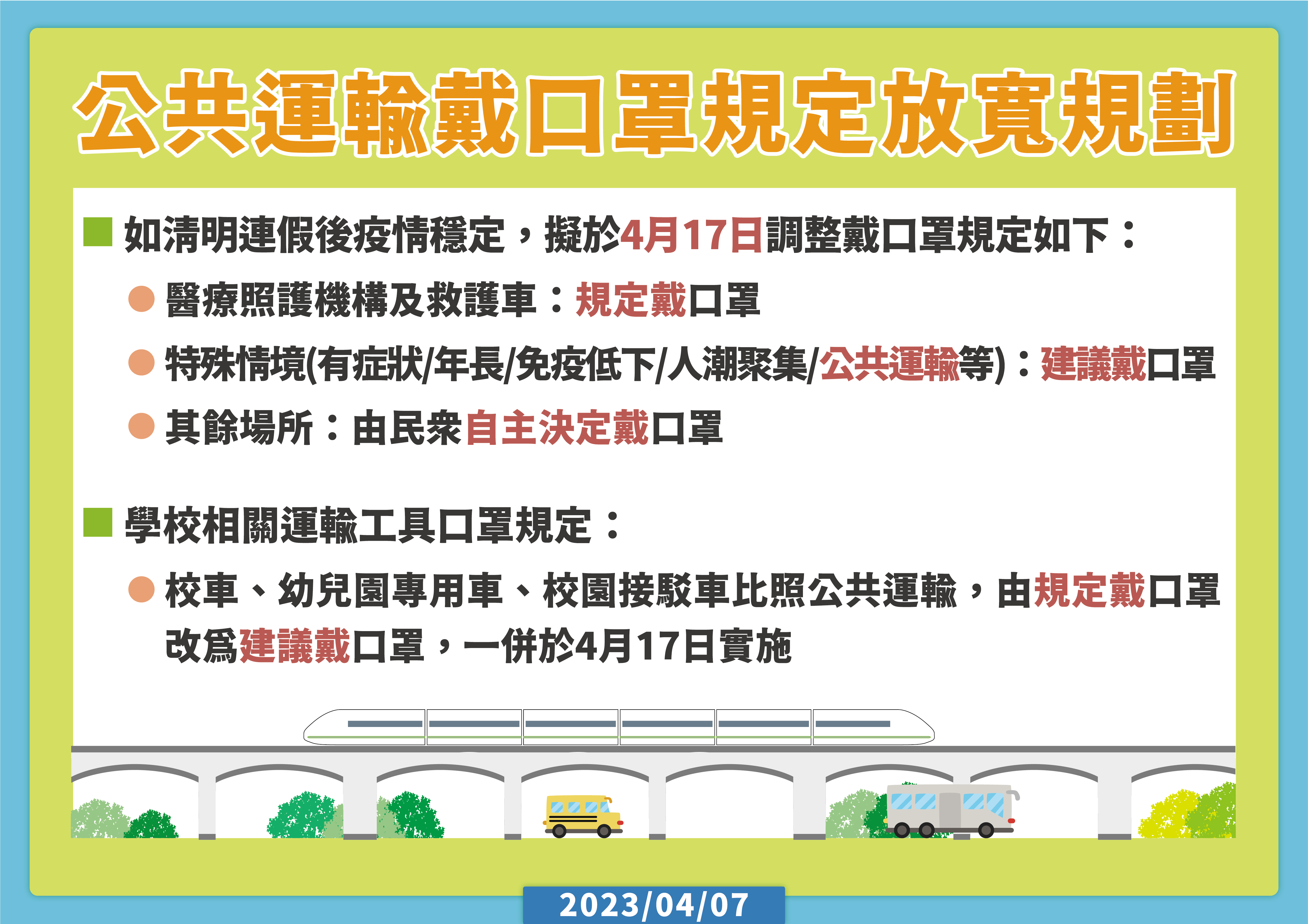 搭乘公共運輸交通工具及特定運具(復康巴士、校車、幼兒園專用車、校園接駁車)時仍建議佩戴口罩。(指揮中心提供)