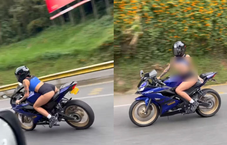 重機女騎士行經狂拍她的男子座車時,掀衣甩乳回敬。(翻攝「BATAMotos」粉絲專頁)