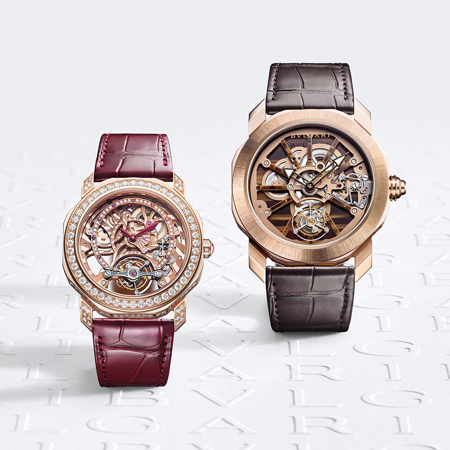 除了基本功能款，Octo Roma這次也推出Tourbillon Lumière鑲鑽陀飛輪（左）、以及採用虎眼石時標的Precious Naturalia（右），為Octo Roma拓展出了珠寶錶的選項。