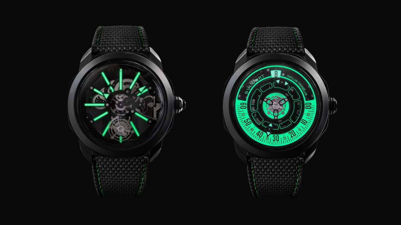 Octo Roma這波春季發表推出了四款陀飛輪，其中的Striking Papillon Tourbillon中置陀飛輪（右）和Striking Tourbillon Saphire水晶陀飛輪（左），以夜光和通透為這一次的改款做出視覺進化。