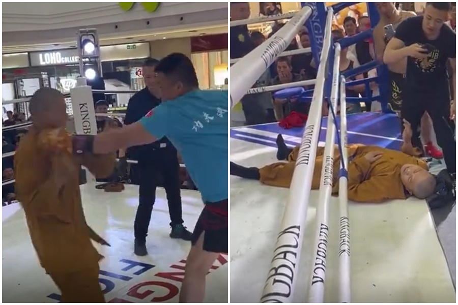 自稱少林武僧的釋永軍在拳賽中，遭業餘拳手2分鐘內KO。（翻攝自微博）