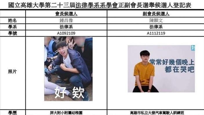 高雄大學法律系系學會正副會長選舉其中一組參選人,因政見、經歷太無厘頭爆紅。(翻攝自高雄大學法律學系系學會IG)