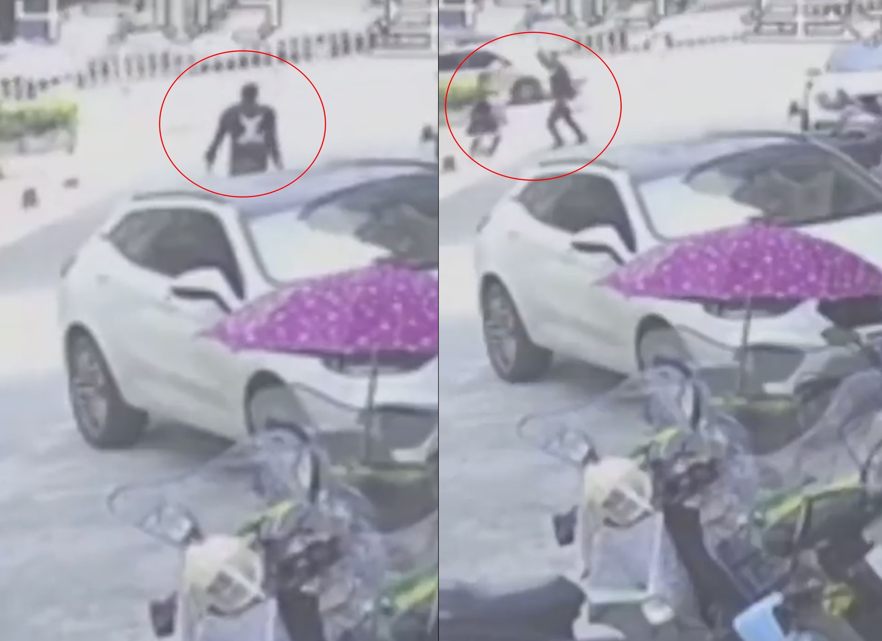 廣東普寧市一名男子持鐮刀發狂對路人砍，其中還包括3名兒童。（截圖自微博影片）