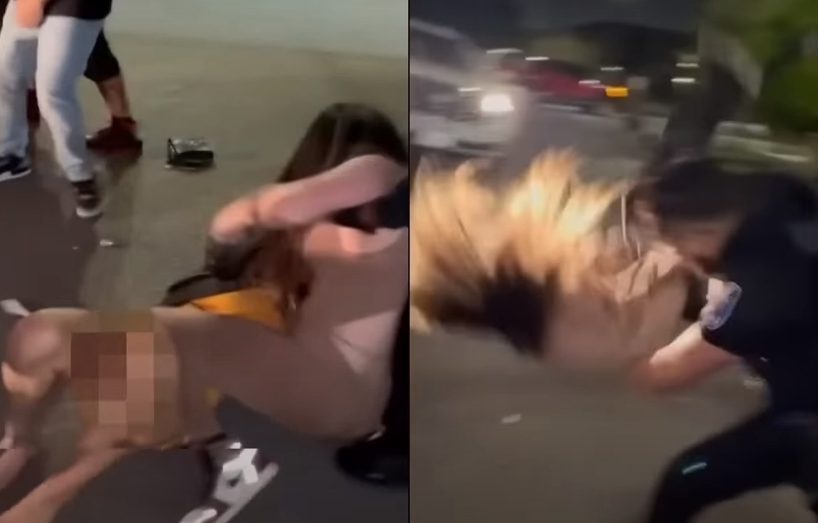 夜店辣妹當街大打出手,警衛竟將其中一女重摔在地阻止她們互毆。(翻攝YT「KENS 5: Your San Antonio News Source」)