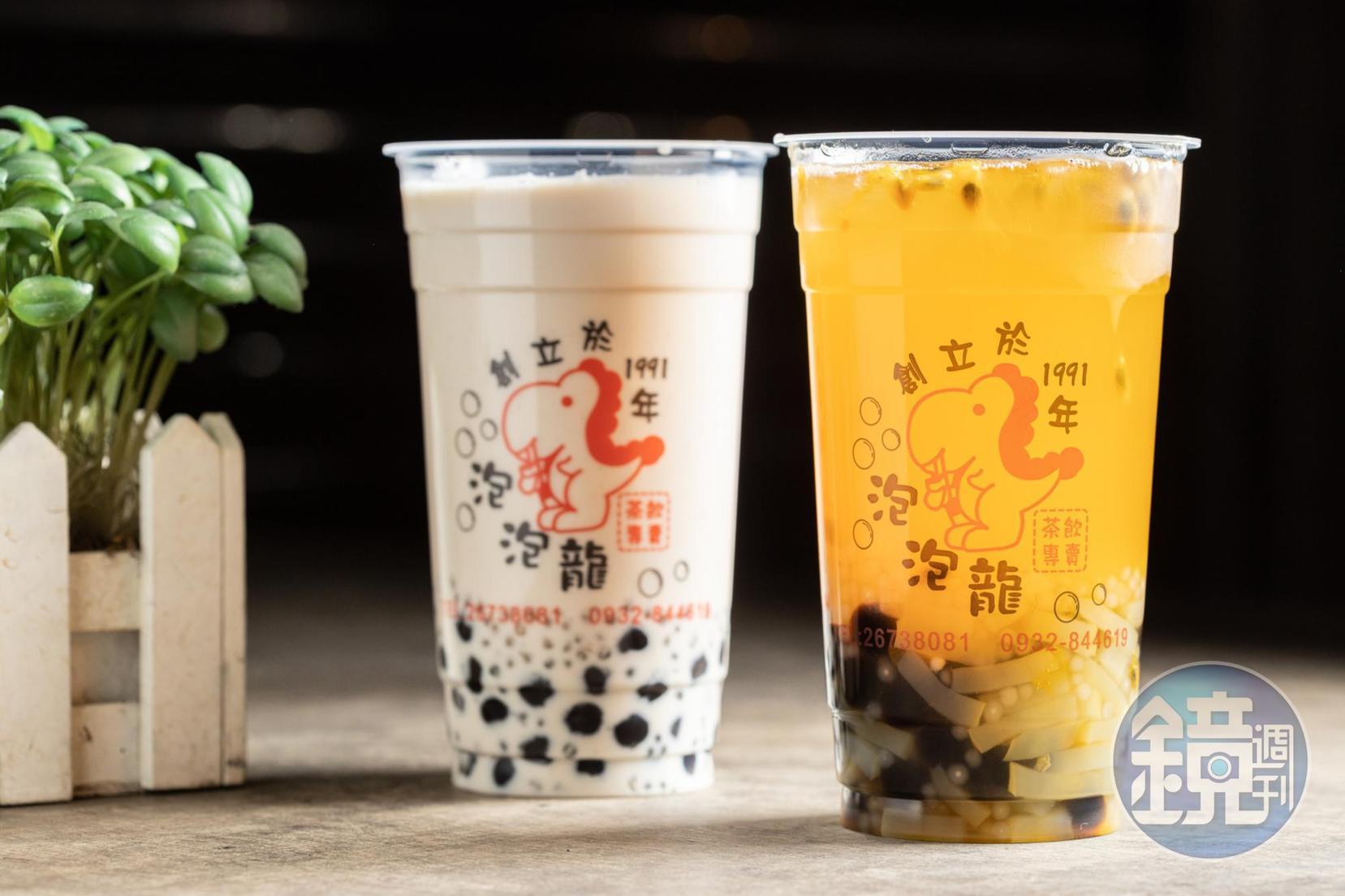 泡泡龍的「珍珠奶茶」(左,55元/大杯)有放西米露增加口感;「百香雙響炮」(右,45元/大杯)也是人氣飲品。