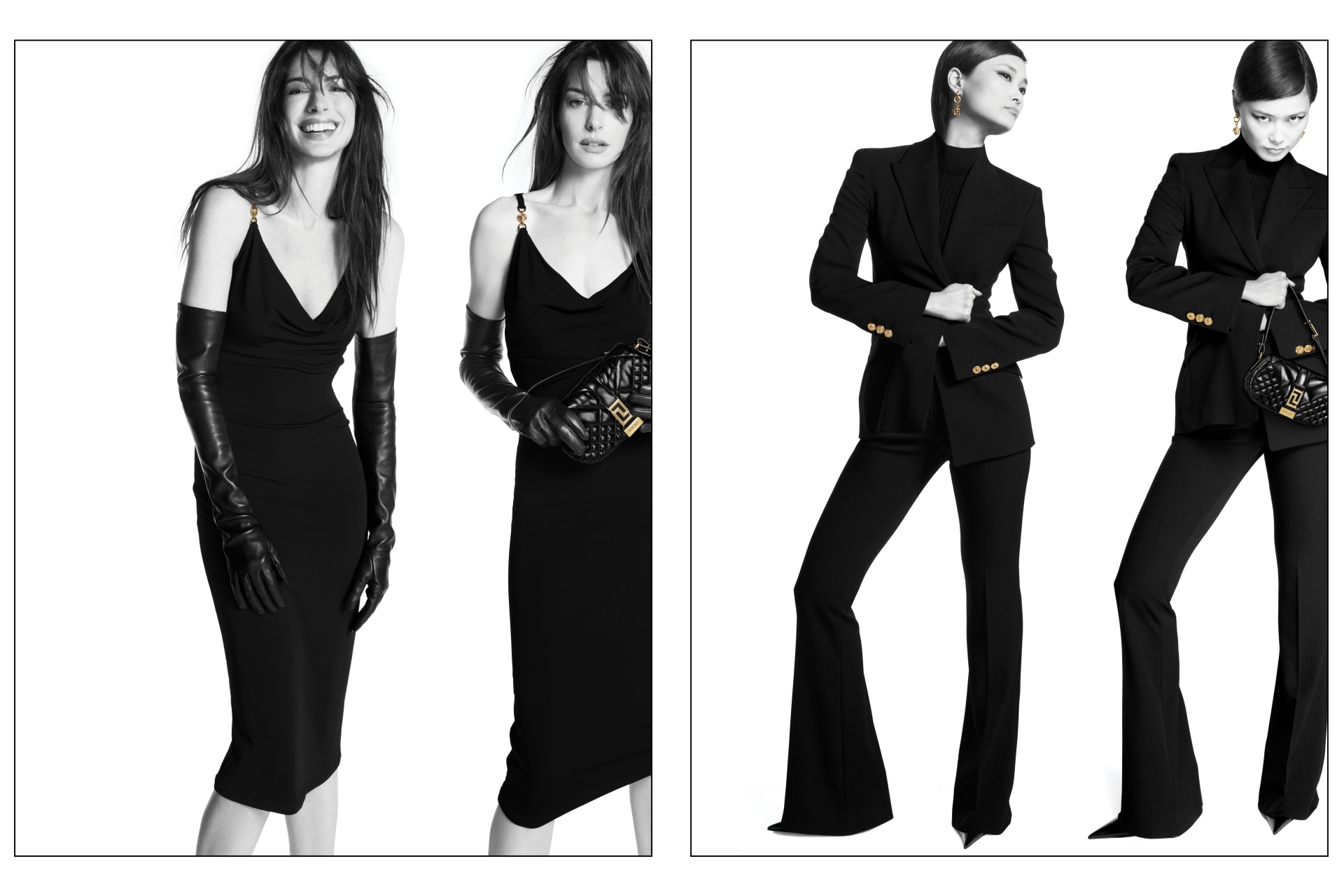安海瑟薇（左）與李宇春在著名攝影師Mert 和Marcus掌鏡拍攝下，呈現出ICONS系列單品在日常狀態下的獨特穿搭。（VERSACE提供）