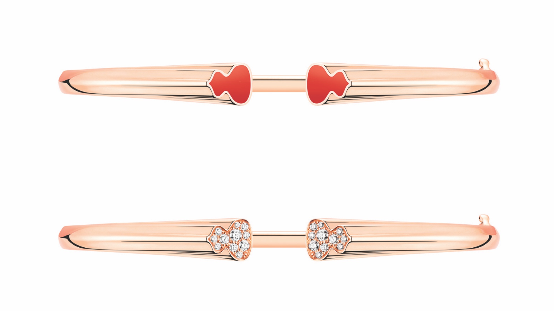 （上）Wulu Echo 18K玫瑰金陶瓷手鐲、Wulu Echo 18K玫瑰金鑽石手鐲。價格店洽。（Qeelin提供）