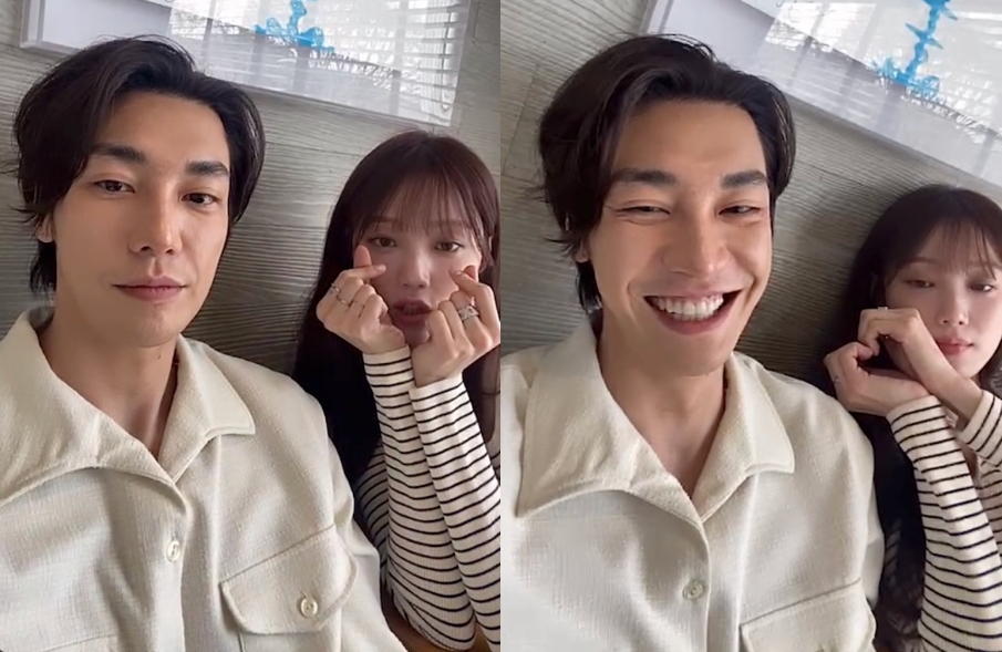 金英光（左）和李聖經（右）接受媒體視訊訪問，結束官方訪問後金英光用自己的IG開直播與粉絲互動。（翻攝自金英光IG）