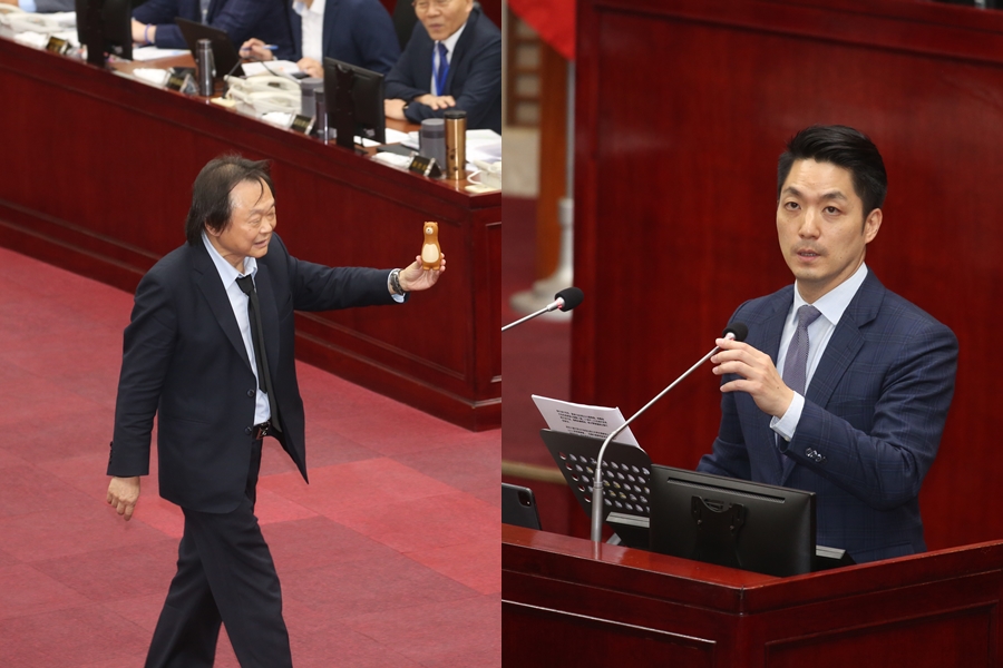 曾多次表示要當「蔣師」的王世堅（左），今日再度送禮給蔣萬安（右）。