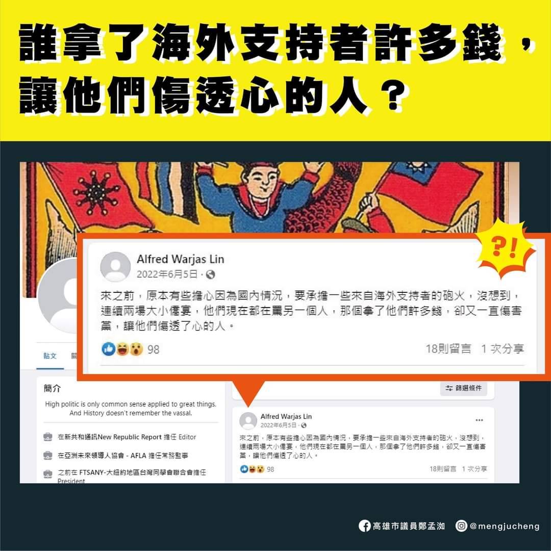 鄭孟洳曝光國民黨文傳會副主委林家興的臉書，指出連藍營自家人都質疑羅智強歛財。（翻攝鄭孟洳臉書）