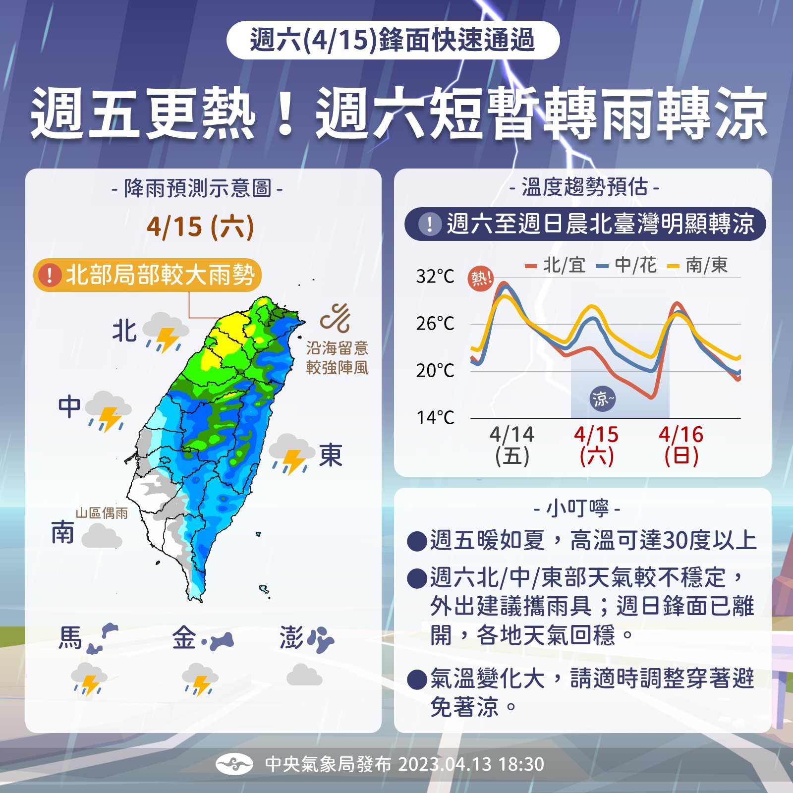 中央氣象局預測今日至週日的天氣狀況。(中央氣象局提供)
