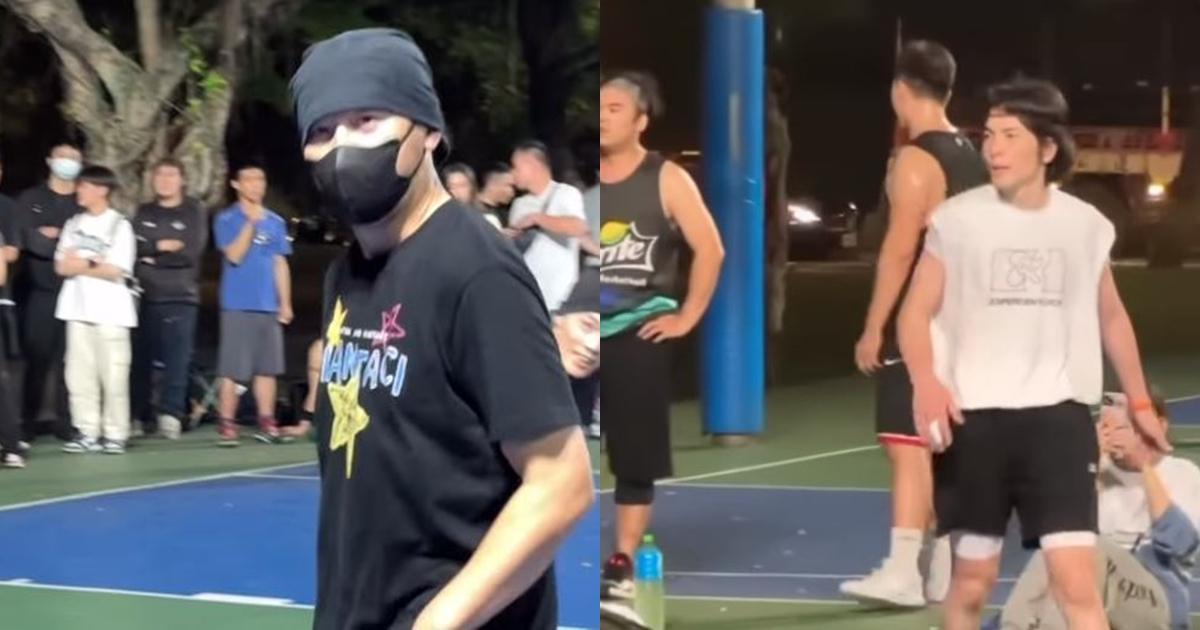 周杰倫(左)與蕭敬騰(右)深夜現身街頭籃球場,引起民眾圍觀。(翻攝自陳建州IG)