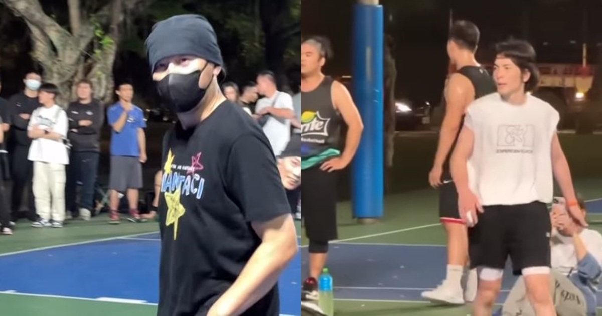 周杰倫（左）與蕭敬騰（右）深夜現身街頭籃球場，引起民眾圍觀。（翻攝自陳建州IG）