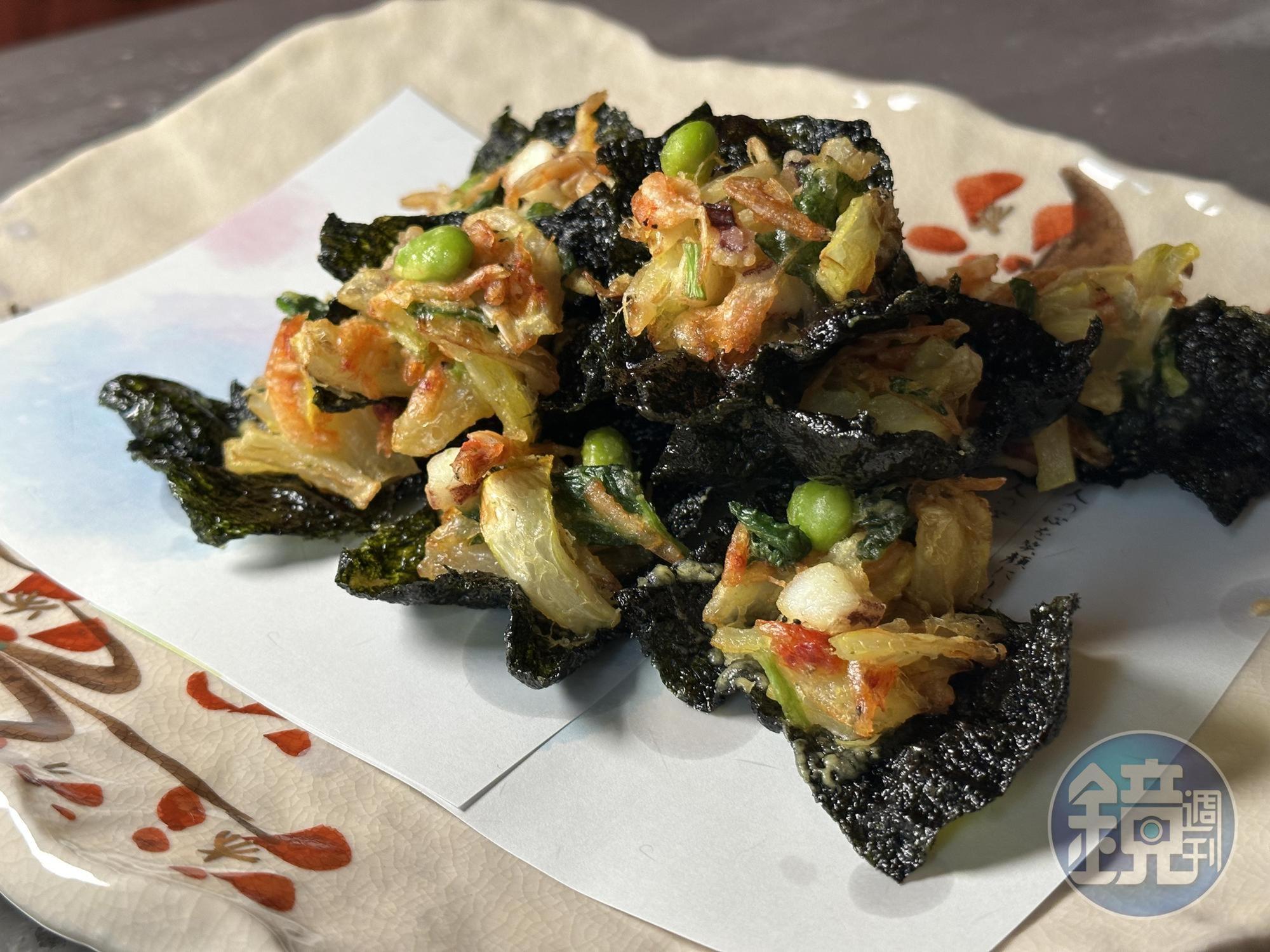 「櫻花蝦蔬菜揚」脆口香甜，還多了海苔、蝦子的鮮明海味。