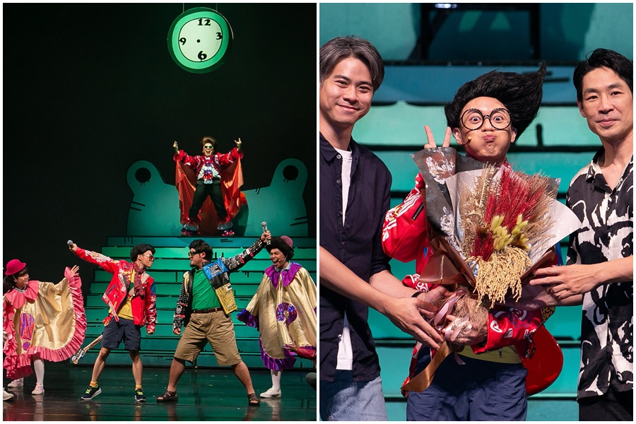 《阿甯咕又闖禍了YA～》加演，曾飾演「阿甯咕」的吳定謙（右圖左）和藍鈞天（右圖右），送上大麥花束給此次主演的李培松（右圖中）。（夢田影像提供）