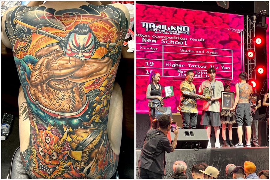 林彥嘉靠著「相撲斬怪」作品，獲頒國際紋身大展的「世界銀牌獎」。（讀者提供）