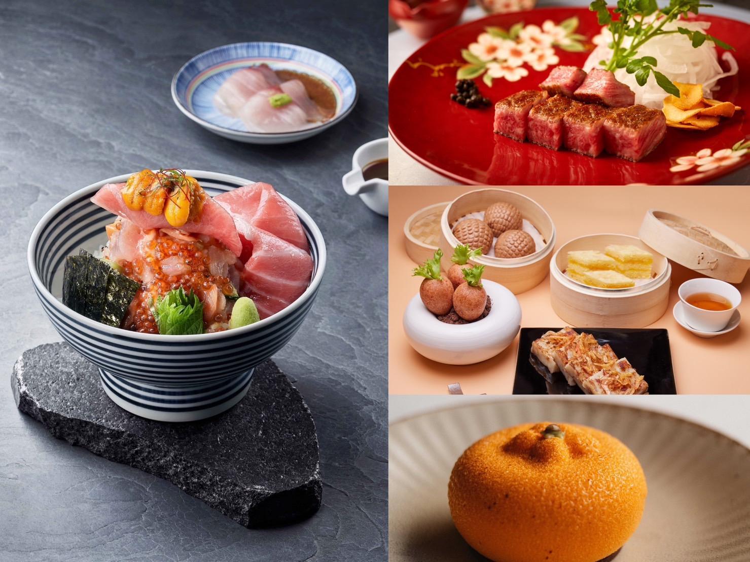 隨著天氣漸暖,多家異國料理品牌也隨之祭出春季新菜。(左,日本橋海鮮丼辻提供、右上,The Ukai Taipei提供、右中,玖尹提供,右下老爺小花園提供)