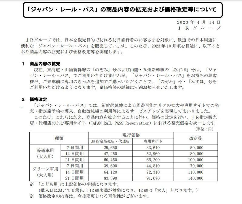 日本鐵路周遊券「JR PASS」今宣布自10月起調高售價。（翻攝自JAPAN RAIL PASS網頁japanrailpass.net）