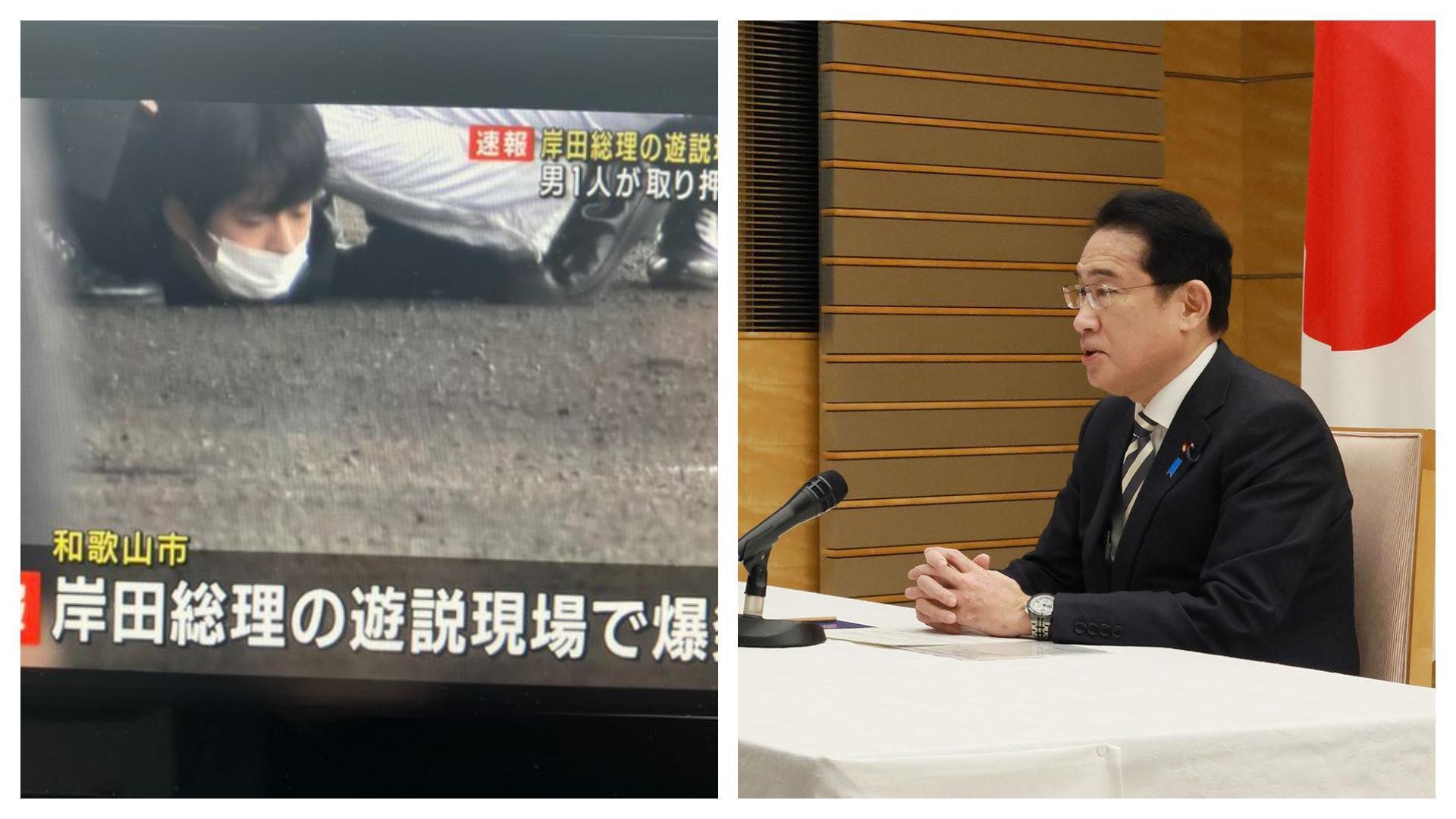 岸田文雄在街頭發表演講前，現場傳出爆炸聲，一名男子當場被壓制逮捕。（翻攝自推特@kantei、@bagusu181）