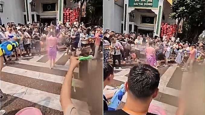 中國雲南潑水節變調，有女子遭一群男子藉由潑水名義侮辱調戲。（翻攝自微博）
