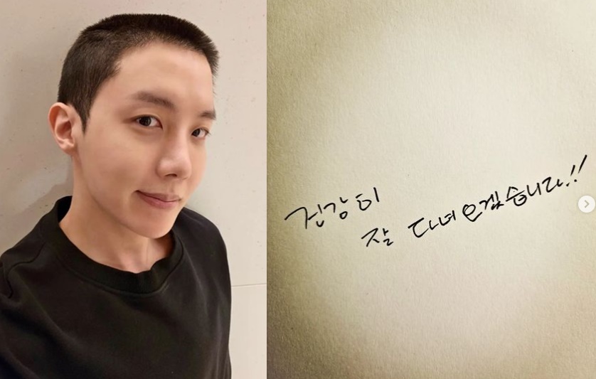 J-HOPE頂著平頭台自拍，手寫信向粉絲道別。（翻攝自J-HOPE IG）