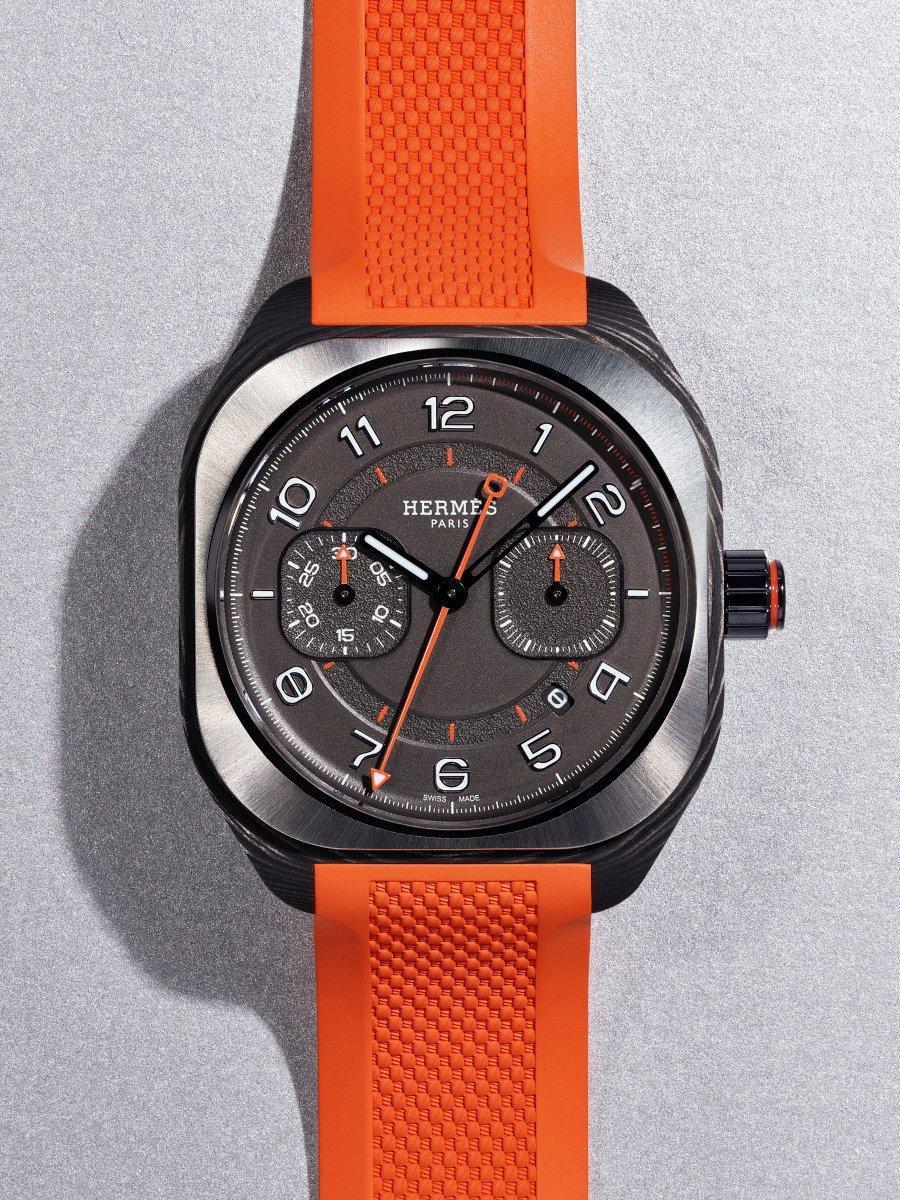 HERMÈS愛馬仕發表全新H08 Monopusher Chronograph，此採搭載專為HERMÈS開發的單按把計時模組，使H08腕錶系列在增加計時功能後，仍可維持外型的簡潔純淨。定價約NT$487,000。