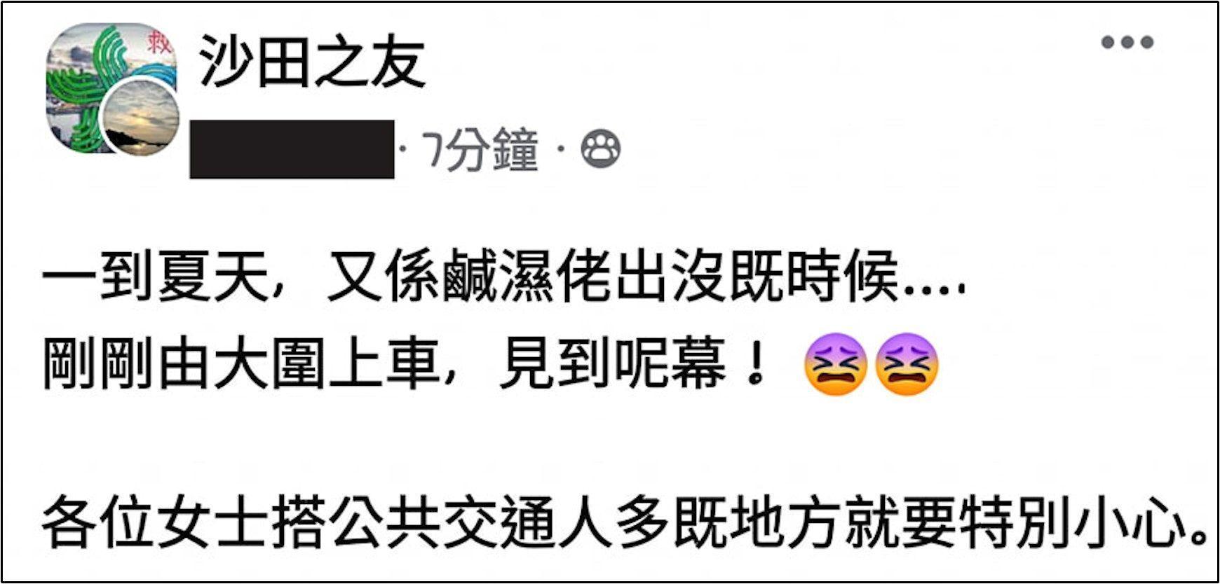 一名女網友近日在臉書「沙田之友」社團發文。(翻攝自沙田之友臉書)