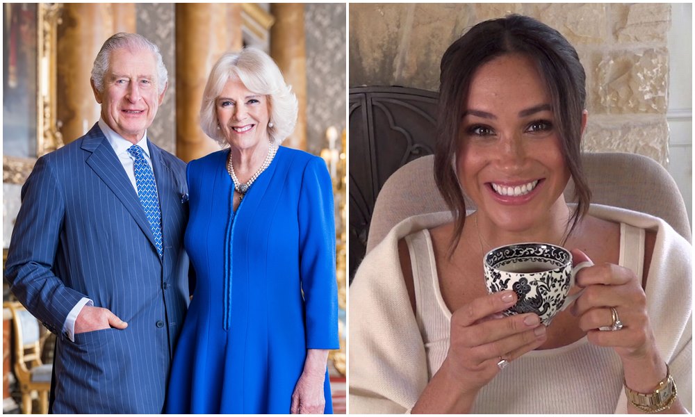 查爾斯三世和王后卡蜜拉（左圖）加冕典禮到數2週，梅根（右圖）不會參加。（翻攝The Royal Family、Archewell影片畫面）