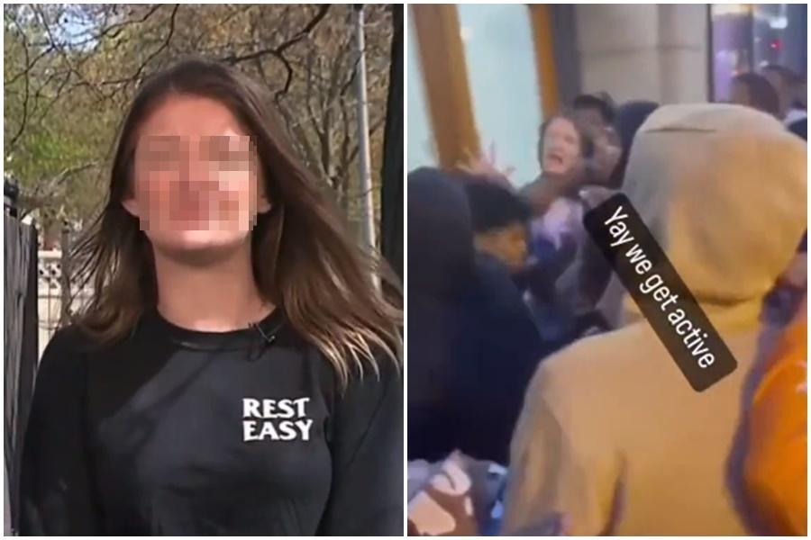 白人女子在芝加哥街頭遭到大群黑人青少年圍毆。(左圖翻攝自推特@TheRealBroChris,右圖翻攝自推特@detectfights)
