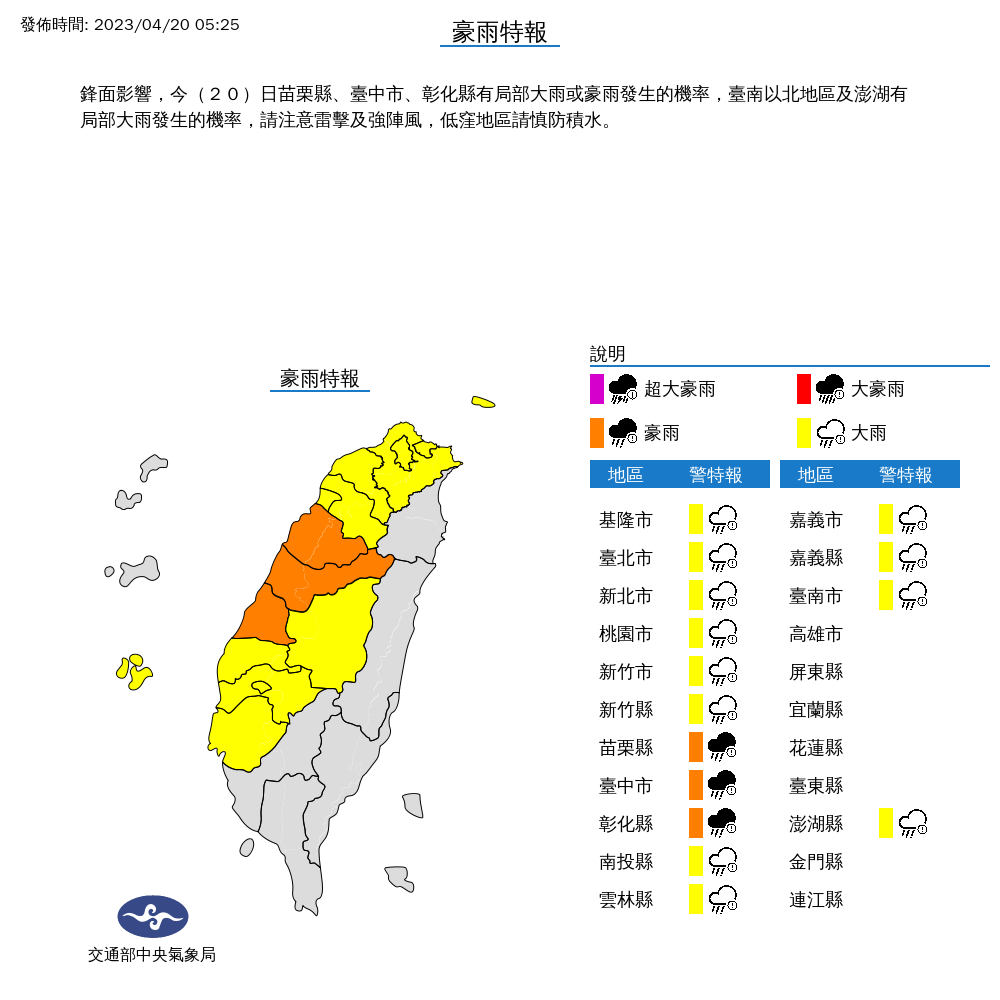 氣象局針對全台15縣市發布豪、大雨特報。(氣象局提供)