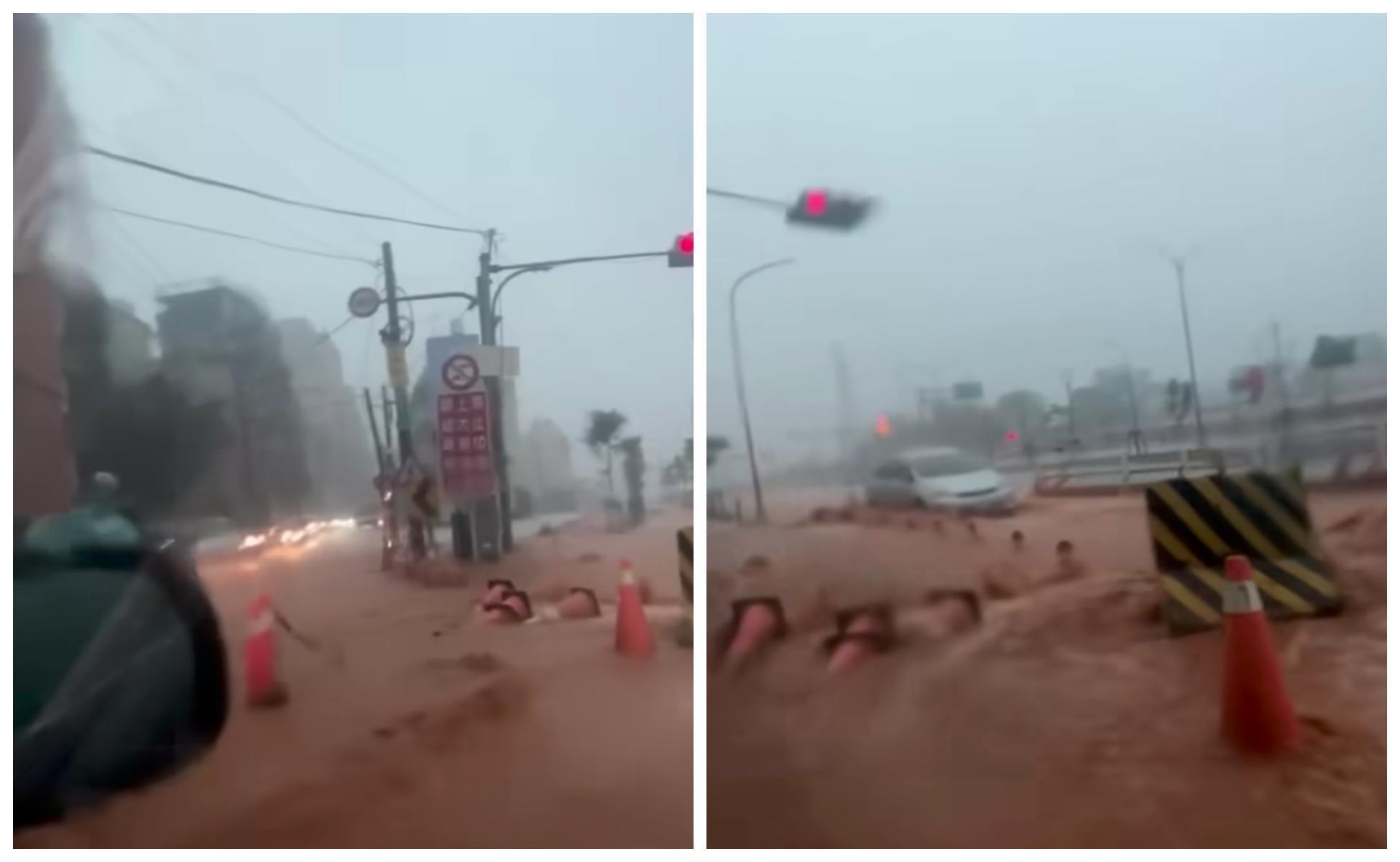 台中遭狂雨襲擊，路面變如紅河。（翻攝自顏寬恒臉書）