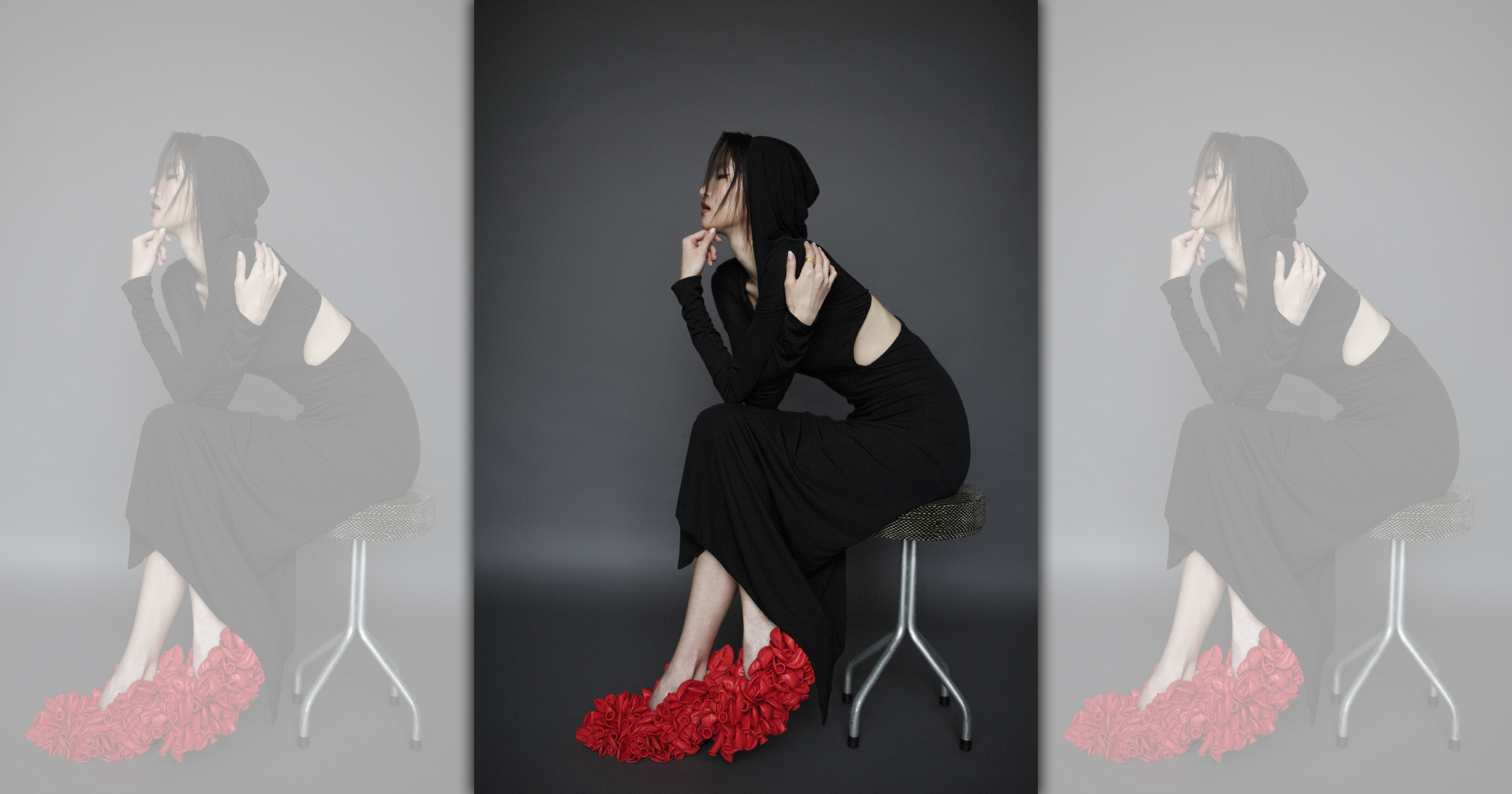 鏤空連帽長裙NT$112,500 by VERSACE／Comic緞面氣球高跟鞋NT$61,000 by LOEWE／Zaria戒指 價格店洽by AllSaints