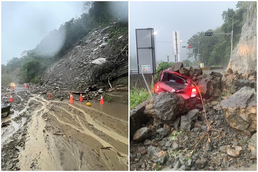 苗21線3.5公里南庄鄉東河村路段因土石堵塞，南庄鄉東河村停班停課一天；苗62線0.5公里大湖往泰安路段，泰安公所員工駕車遭落石砸中。（翻攝自苗栗縣政府消防局臉書）